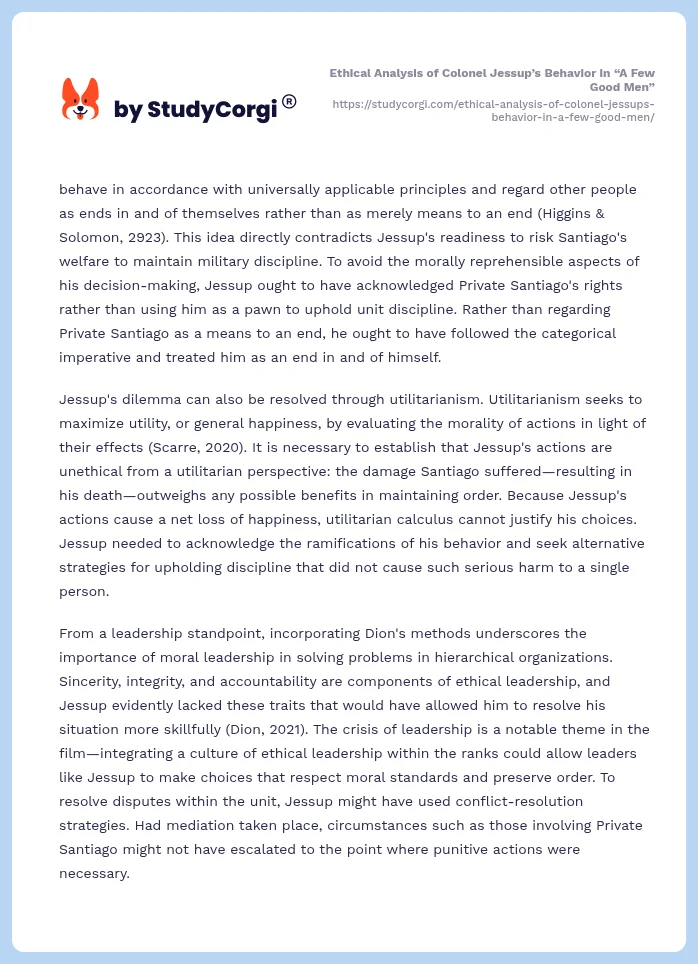 Ethical Analysis of Colonel Jessup’s Behavior in “A Few Good Men”. Page 2