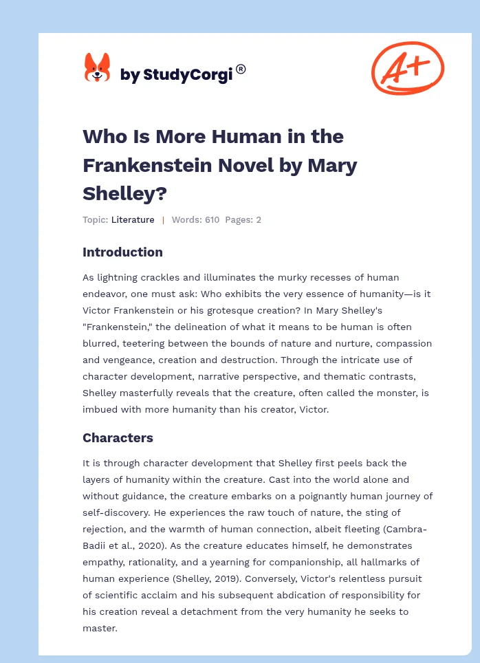 Who Is More Human in the Frankenstein Novel by Mary Shelley?. Page 1