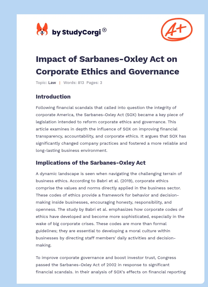 Impact of Sarbanes-Oxley Act on Corporate Ethics and Governance. Page 1