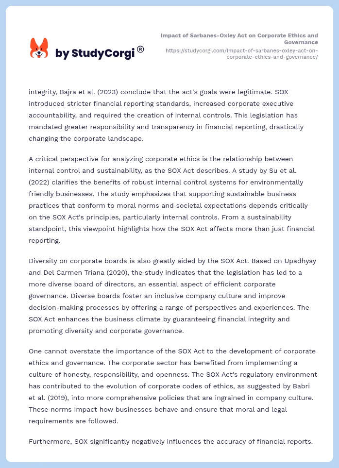 Impact of Sarbanes-Oxley Act on Corporate Ethics and Governance. Page 2