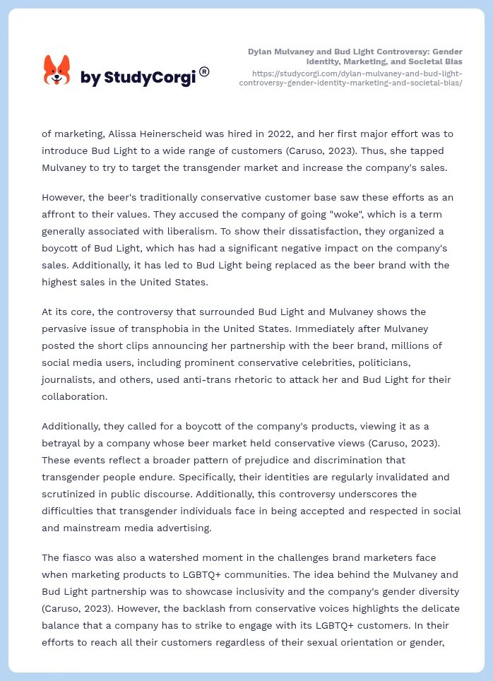 Dylan Mulvaney and Bud Light Controversy: Gender Identity, Marketing, and Societal Bias. Page 2