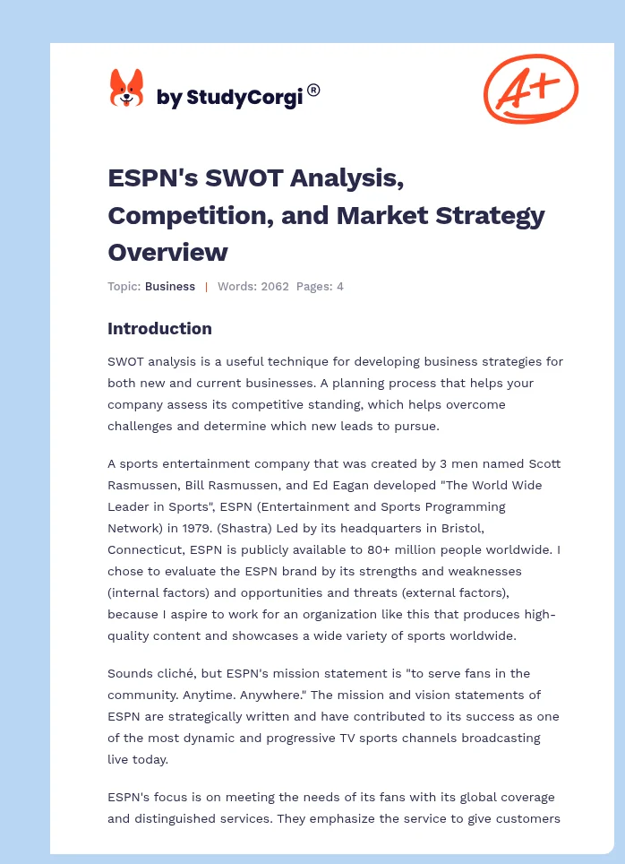 ESPN's SWOT Analysis, Competition, and Market Strategy Overview. Page 1