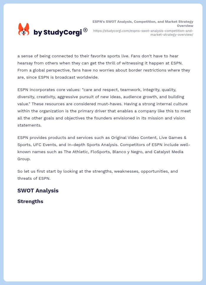 ESPN's SWOT Analysis, Competition, and Market Strategy Overview. Page 2