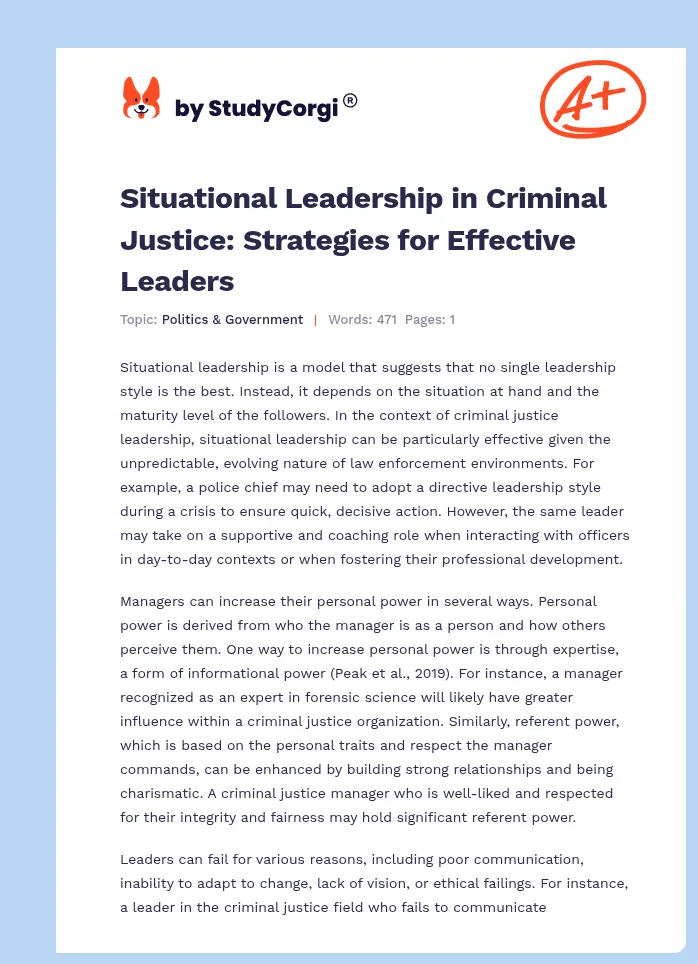 Situational Leadership in Criminal Justice: Strategies for Effective Leaders. Page 1