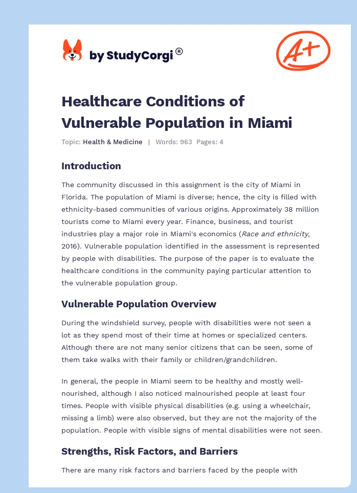 Healthcare Conditions of Vulnerable Population in Miami. Page 1