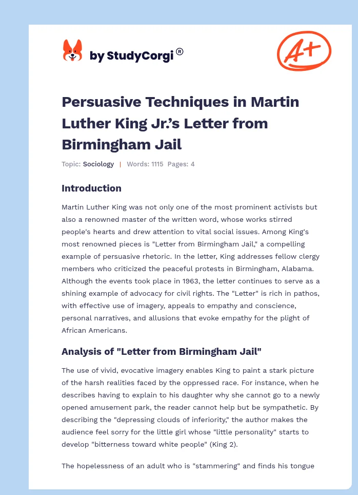 Persuasive Techniques in Martin Luther King Jr.’s Letter from Birmingham Jail. Page 1