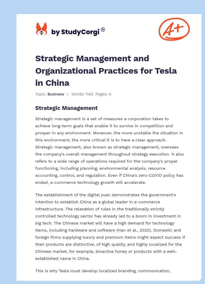 Strategic Management and Organizational Practices for Tesla in China. Page 1
