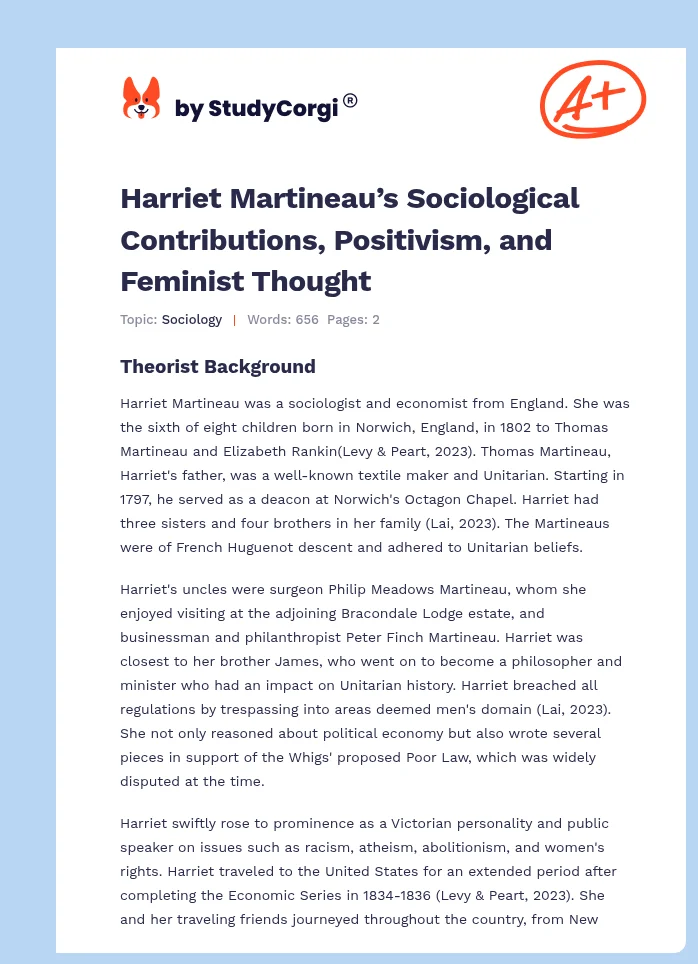 Harriet Martineau’s Sociological Contributions, Positivism, and Feminist Thought. Page 1