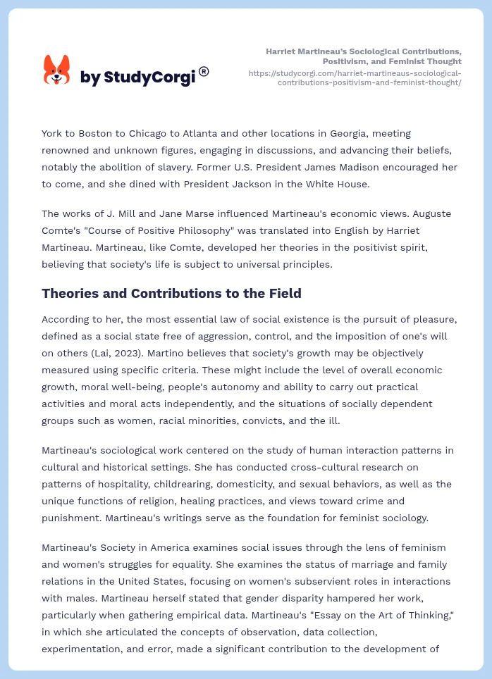 Harriet Martineau’s Sociological Contributions, Positivism, and Feminist Thought. Page 2