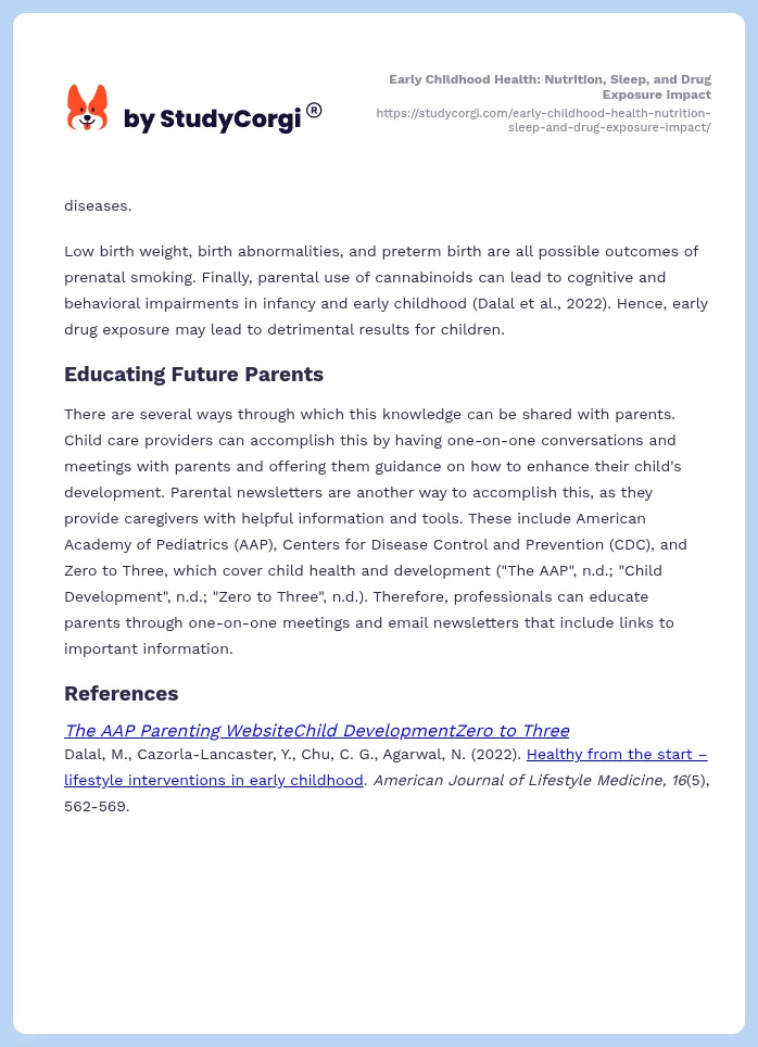 Early Childhood Health: Nutrition, Sleep, and Drug Exposure Impact. Page 2