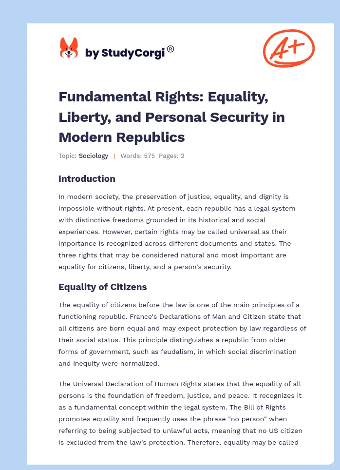 Fundamental Rights: Equality, Liberty, and Personal Security in Modern Republics. Page 1