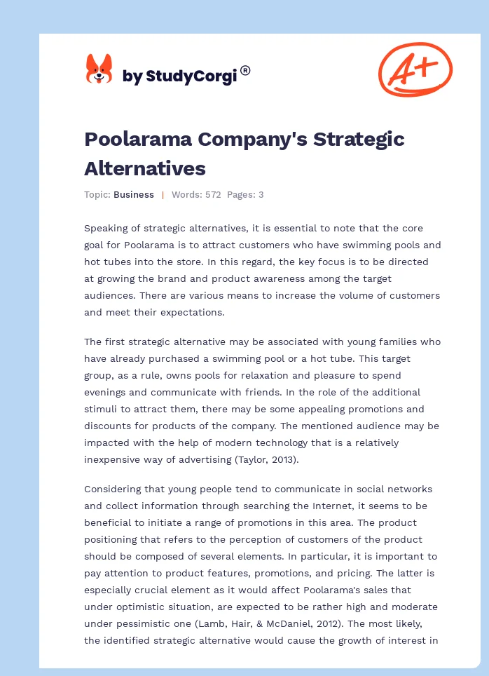 Poolarama Company's Strategic Alternatives. Page 1