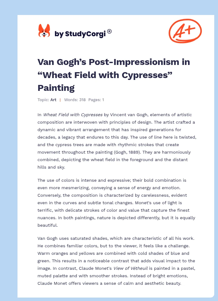 Van Gogh’s Post-Impressionism in “Wheat Field with Cypresses” Painting. Page 1