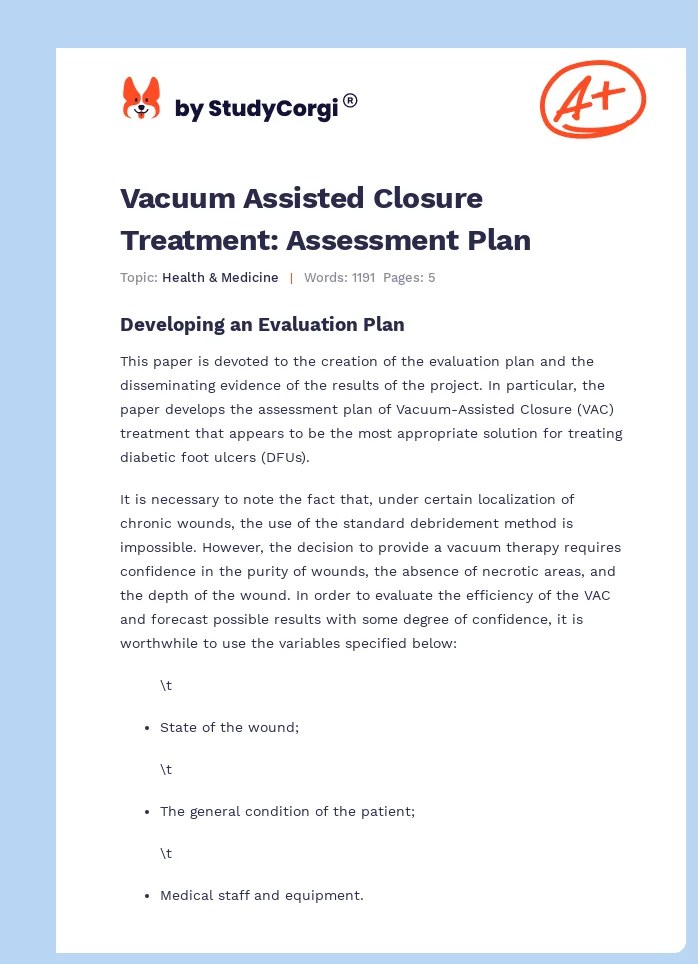 Vacuum Assisted Closure Treatment: Assessment Plan. Page 1