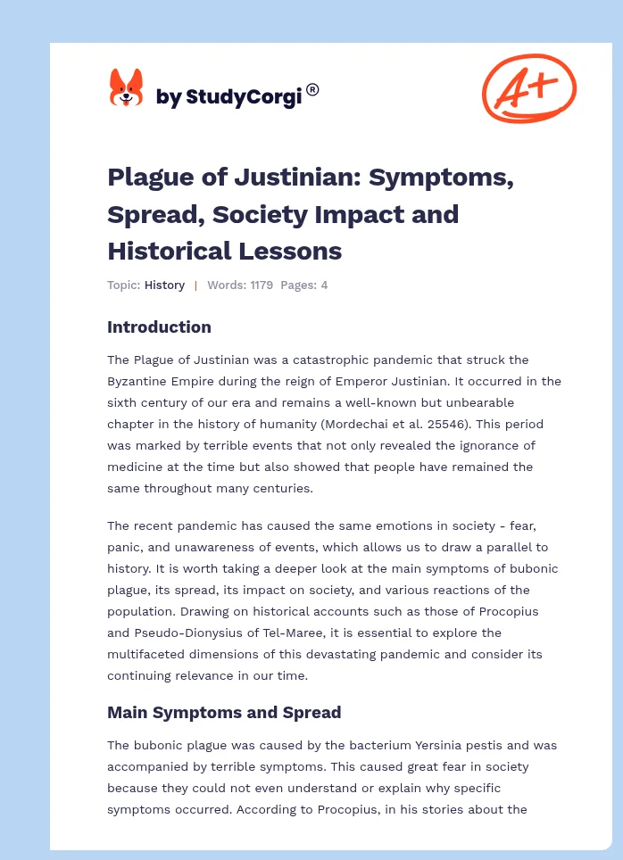 Plague of Justinian: Symptoms, Spread, Society Impact and Historical Lessons. Page 1