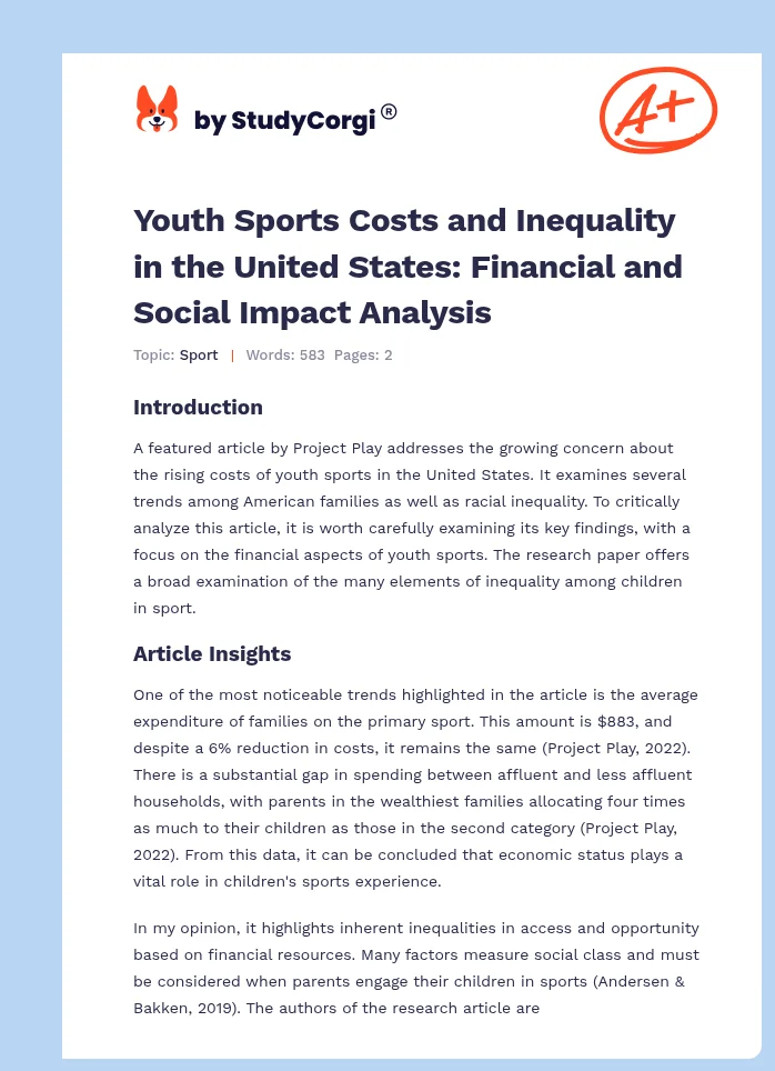 Youth Sports Costs and Inequality in the United States: Financial and Social Impact Analysis. Page 1