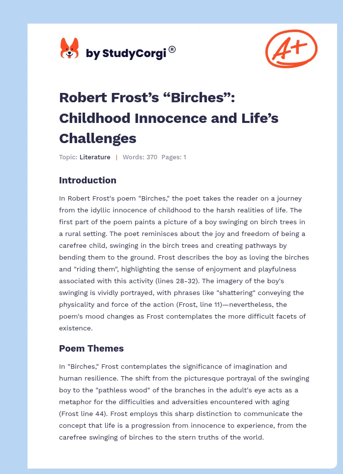 Robert Frost’s “Birches”: Childhood Innocence and Life’s Challenges. Page 1