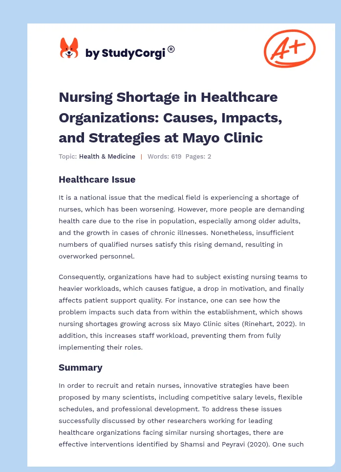 Nursing Shortage in Healthcare Organizations: Causes, Impacts, and Strategies at Mayo Clinic. Page 1