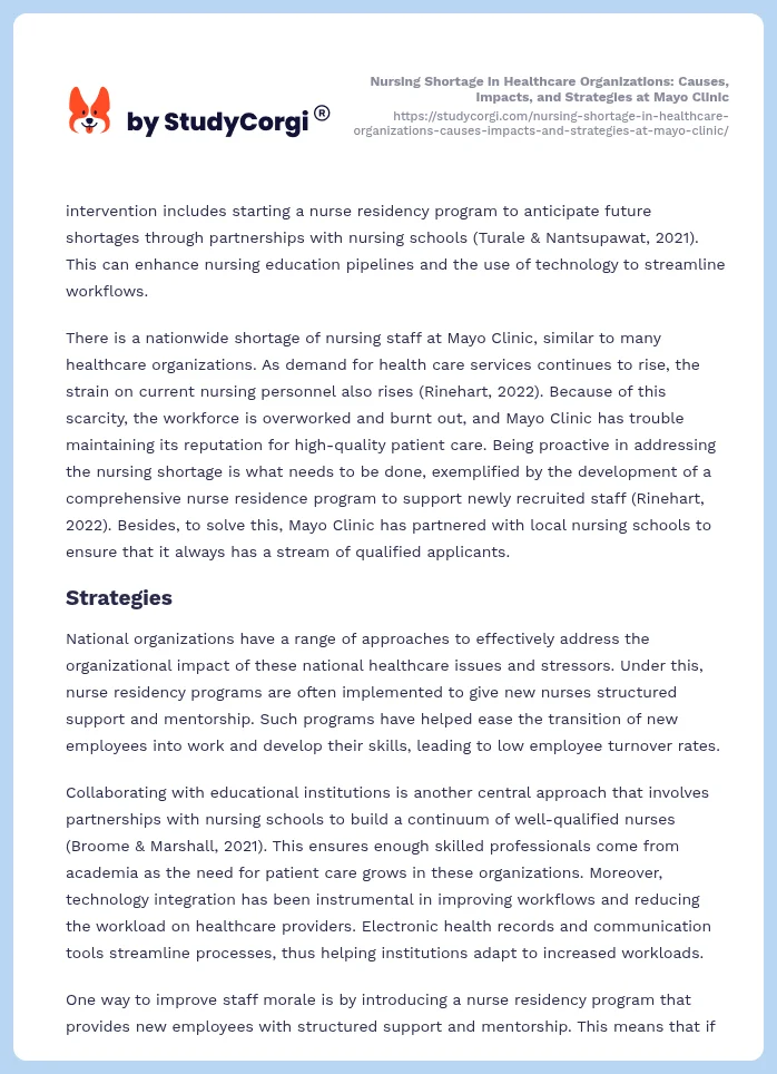 Nursing Shortage in Healthcare Organizations: Causes, Impacts, and Strategies at Mayo Clinic. Page 2