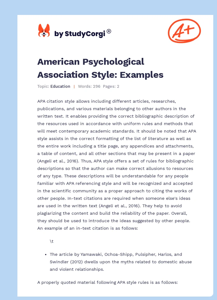American Psychological Association Style: Examples. Page 1