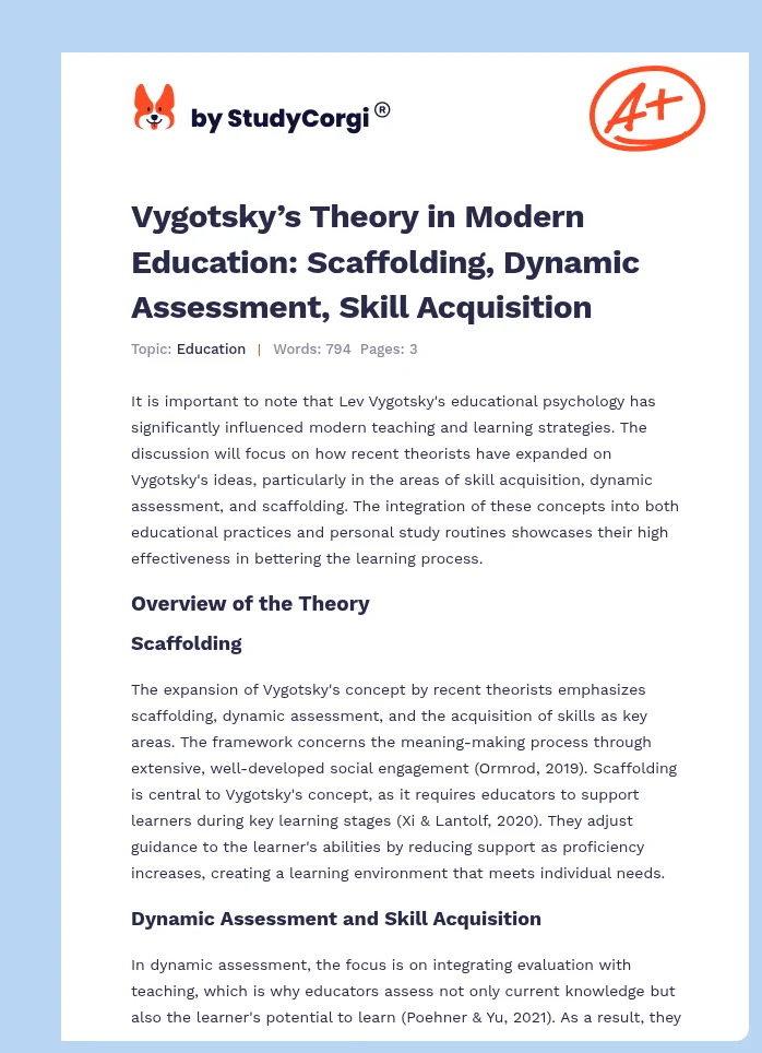 Vygotsky’s Theory in Modern Education: Scaffolding, Dynamic Assessment, Skill Acquisition. Page 1