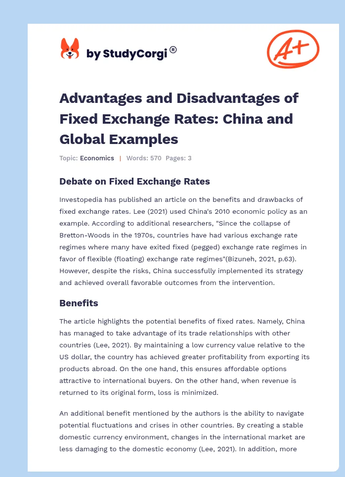 Advantages and Disadvantages of Fixed Exchange Rates: China and Global Examples. Page 1