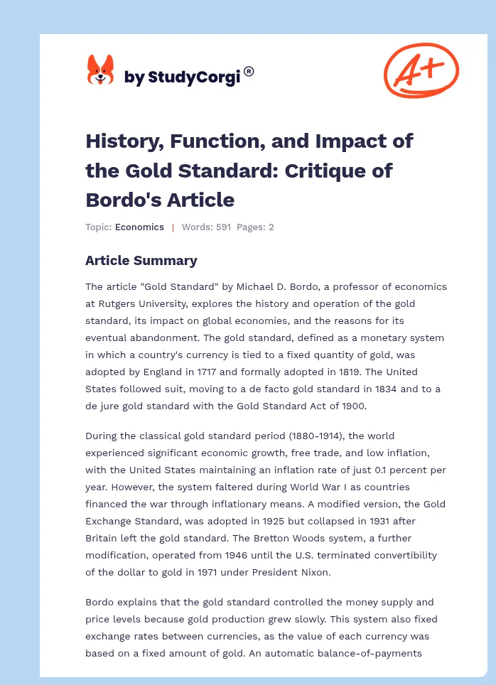 History, Function, and Impact of the Gold Standard: Critique of Bordo's Article. Page 1