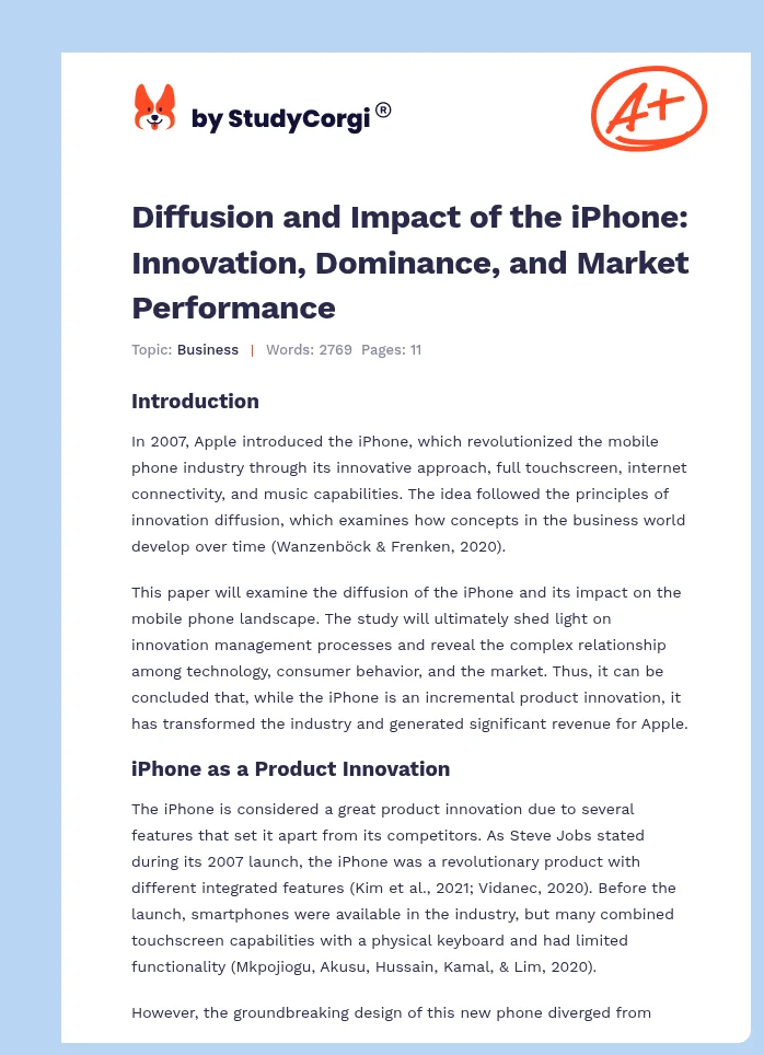 Diffusion and Impact of the iPhone: Innovation, Dominance, and Market Performance. Page 1