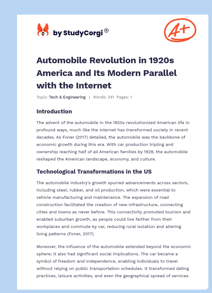 Automobile Revolution in 1920s America and Its Modern Parallel with the Internet. Page 1