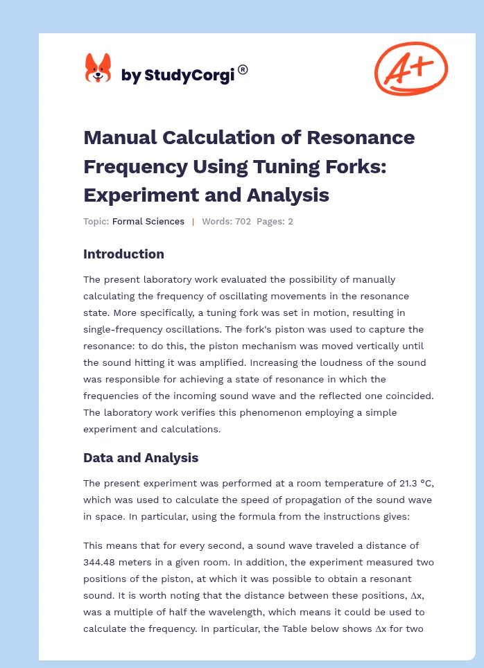 Manual Calculation of Resonance Frequency Using Tuning Forks: Experiment and Analysis. Page 1