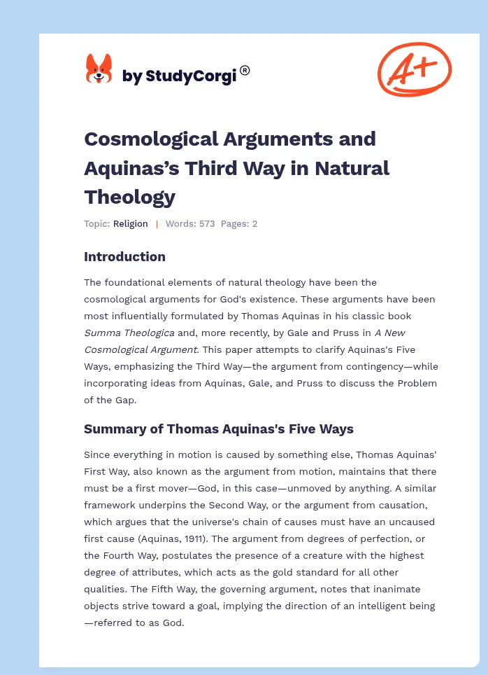 Cosmological Arguments and Aquinas’s Third Way in Natural Theology. Page 1
