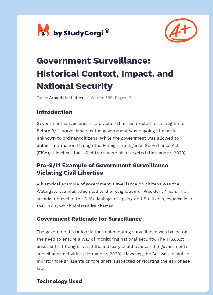 Government Surveillance: Historical Context, Impact, and National Security. Page 1