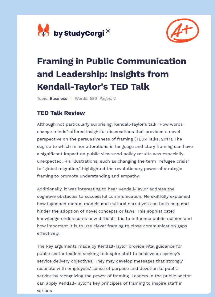 Framing in Public Communication and Leadership: Insights from Kendall-Taylor's TED Talk. Page 1