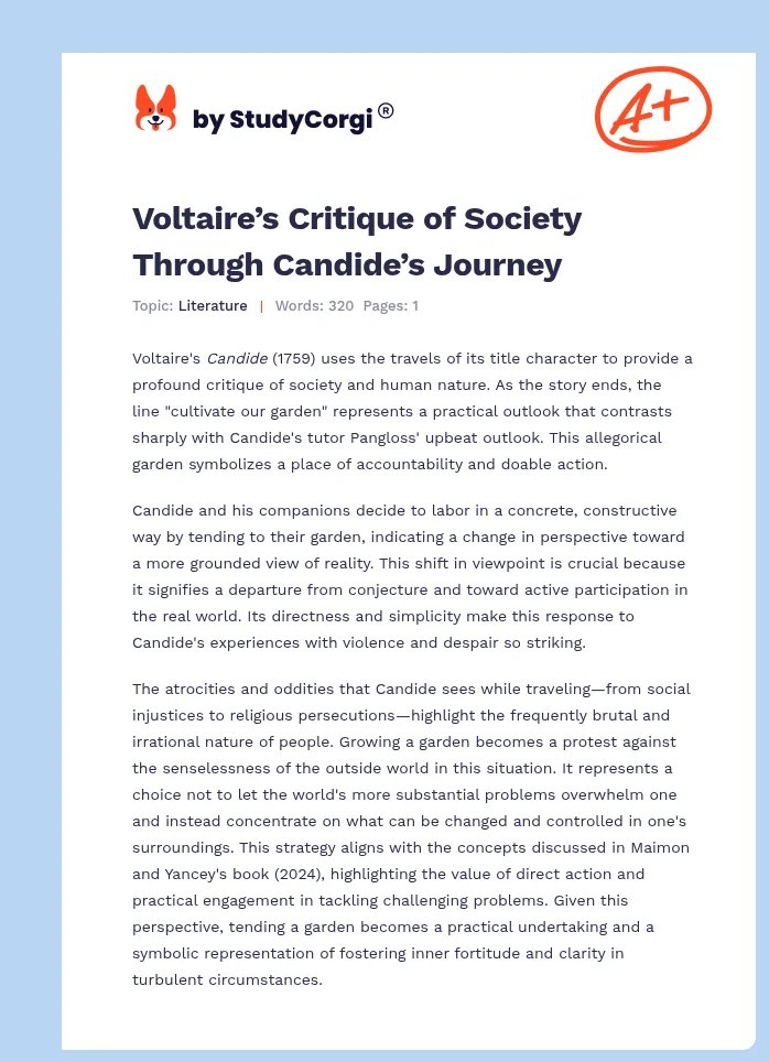 Voltaire’s Critique of Society Through Candide’s Journey. Page 1