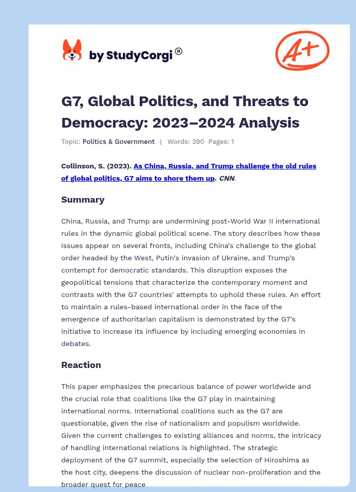 G7, Global Politics, and Threats to Democracy: 2023–2024 Analysis. Page 1