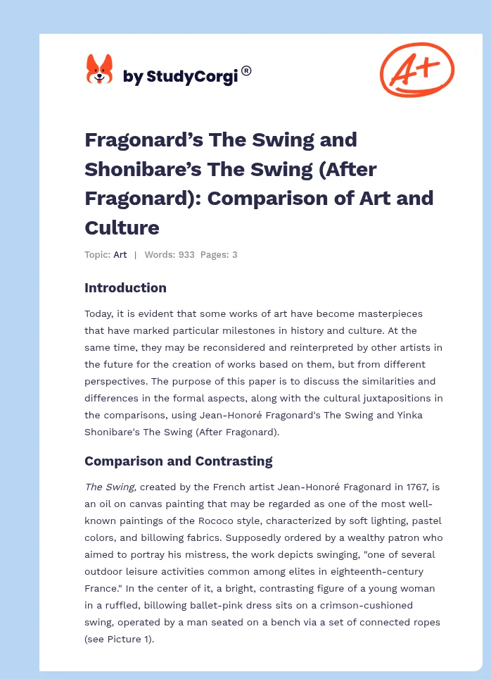 Fragonard’s The Swing and Shonibare’s The Swing (After Fragonard): Comparison of Art and Culture. Page 1