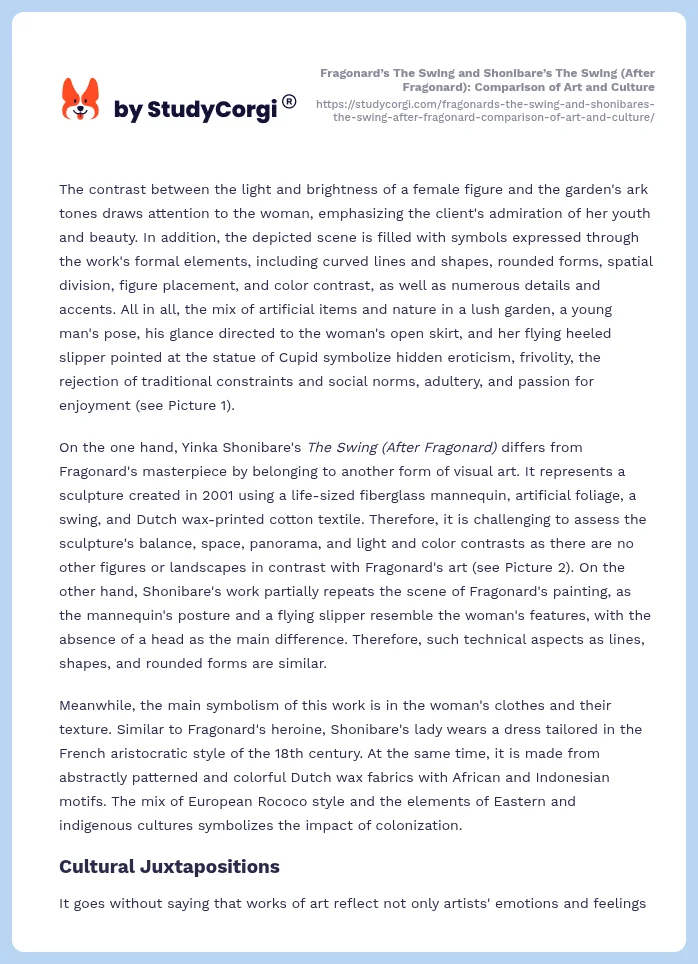 Fragonard’s The Swing and Shonibare’s The Swing (After Fragonard): Comparison of Art and Culture. Page 2