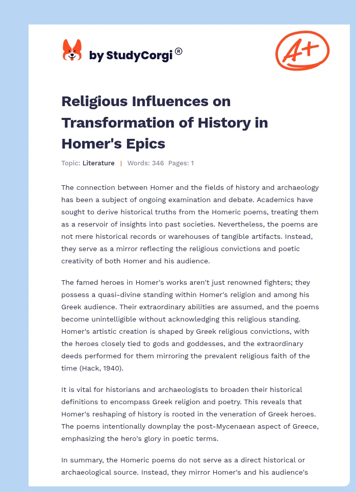 Religious Influences on Transformation of History in Homer's Epics. Page 1
