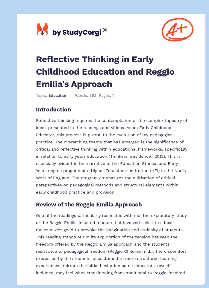 Reflective Thinking in Early Childhood Education and Reggio Emilia's Approach. Page 1