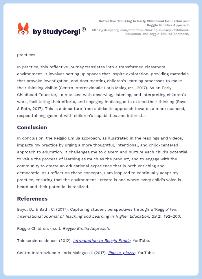 Reflective Thinking in Early Childhood Education and Reggio Emilia's Approach. Page 2