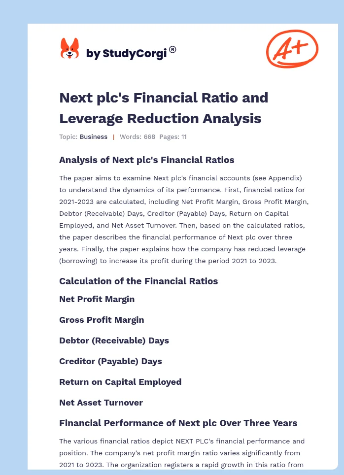 Next plc's Financial Ratio and Leverage Reduction Analysis. Page 1