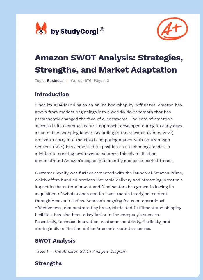 Amazon SWOT Analysis: Strategies, Strengths, and Market Adaptation. Page 1
