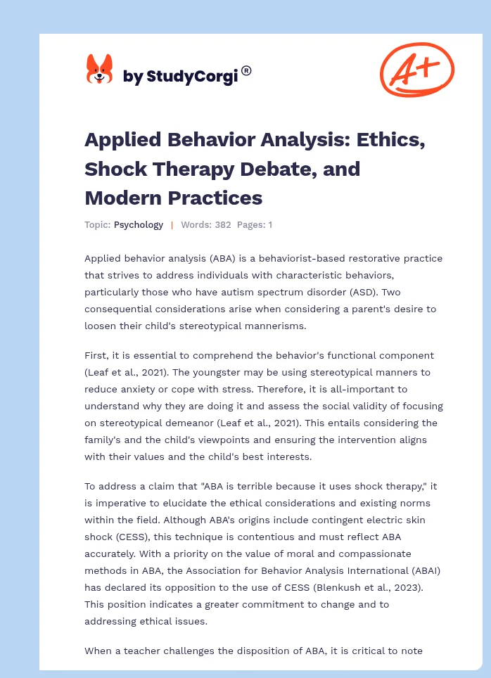 Applied Behavior Analysis: Ethics, Shock Therapy Debate, and Modern Practices. Page 1