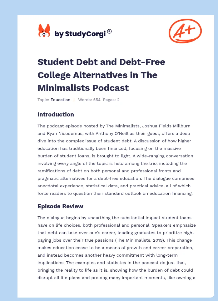 Student Debt and Debt-Free College Alternatives in The Minimalists Podcast. Page 1