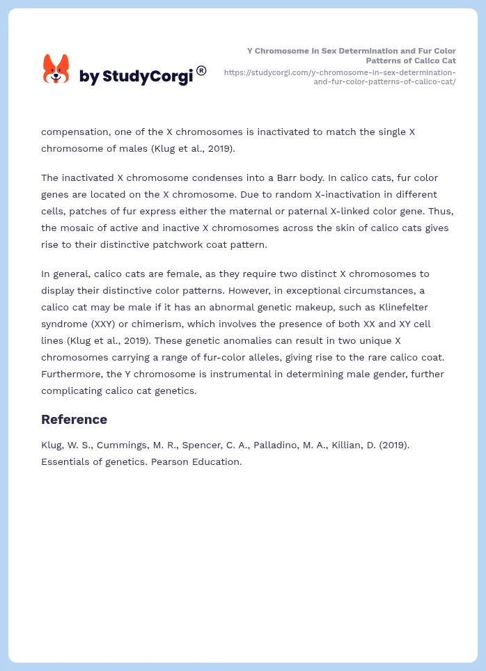 Y Chromosome in Sex Determination and Fur Color Patterns of Calico Cat. Page 2