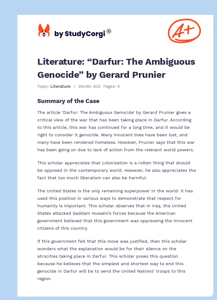 Literature: “Darfur: The Ambiguous Genocide” by Gerard Prunier. Page 1