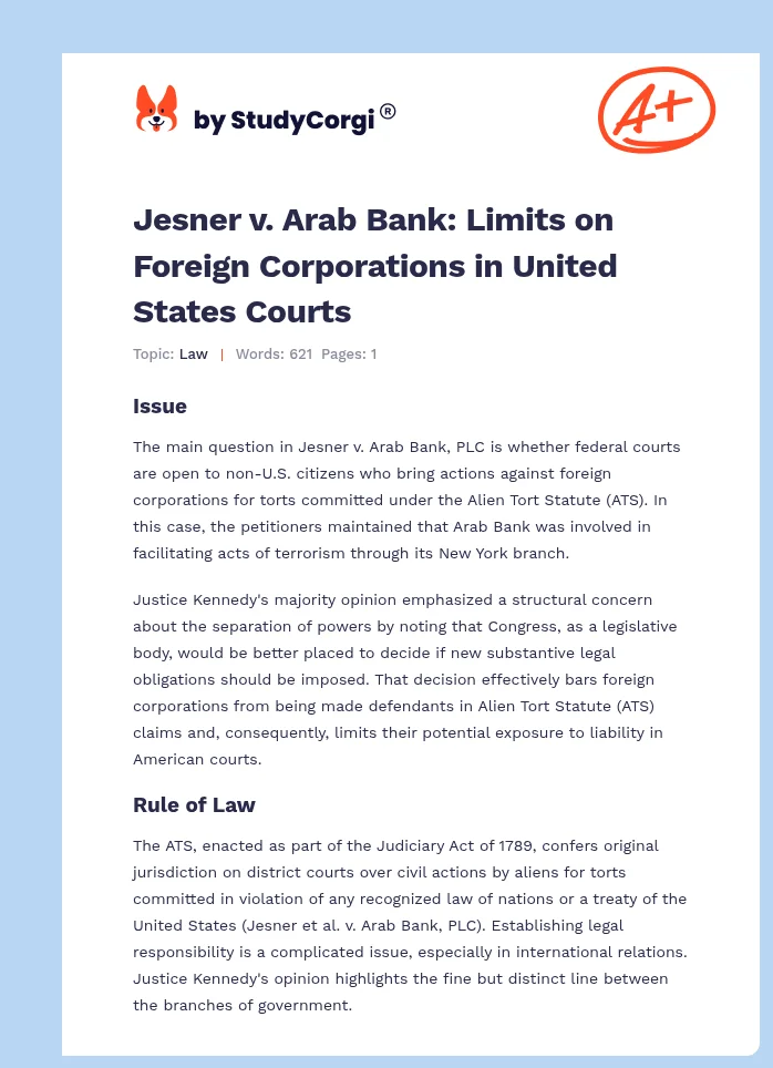 Jesner v. Arab Bank: Limits on Foreign Corporations in United States Courts. Page 1