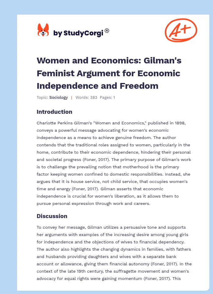 Women and Economics: Gilman's Feminist Argument for Economic Independence and Freedom. Page 1