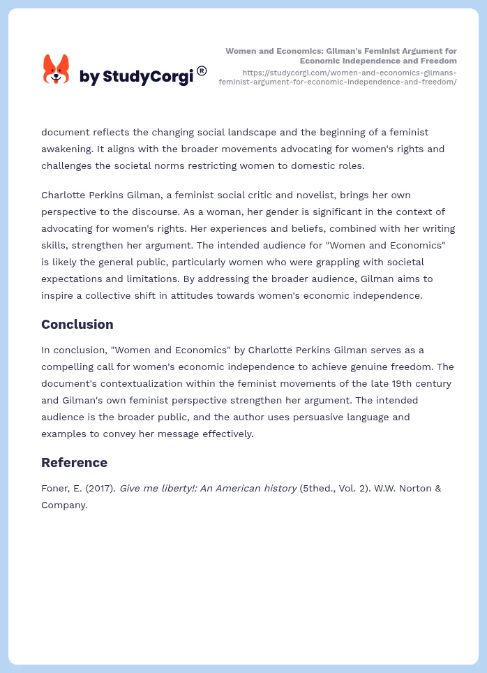 Women and Economics: Gilman's Feminist Argument for Economic Independence and Freedom. Page 2