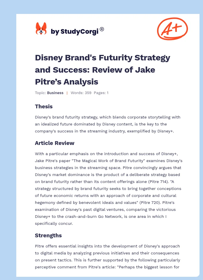 Disney Brand's Futurity Strategy and Success: Review of Jake Pitre’s Analysis. Page 1